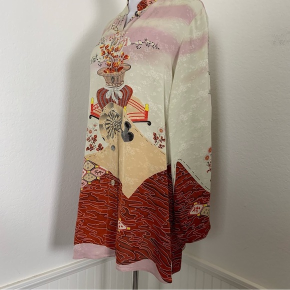 Citron 100% Silk Button Up Asian Inspired Tunic Blouse Women’s M Floral Mandarin - Picture 15 of 17